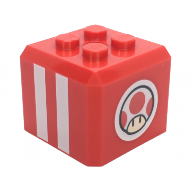 red brick modified cube 4 studs on top with white stripes and super mario toad head logo on circle pattern on all sides super mario toad blue toad pit crew cap