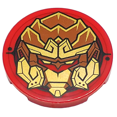 red tile round 3 x 3 with dark orange and gold monkey king robot head pattern