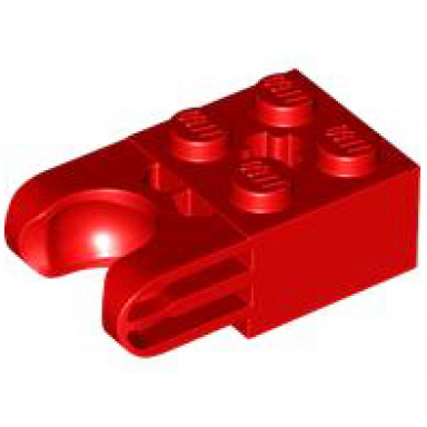 red technic brick modified 2 x 2 with ball socket and axle hole - straight forks with round ends and closed sides