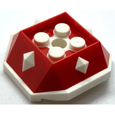 red shell with 4 recessed studs and hole with molded white bottom and spikes pattern