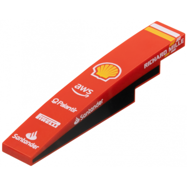 red slope curved 6 x 1 with white and yellow stripes shell logo aws palantir pirelli santander and richard mille logos black panel on both sides pattern