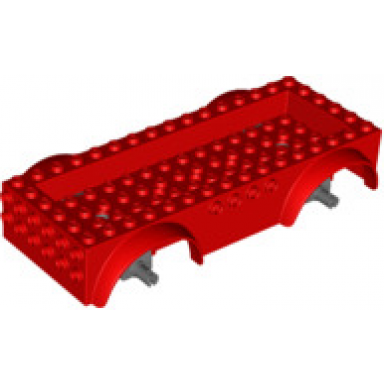 red vehicle base 8 x 16 x 2 1 2 with mudguards 4 x 14 recessed center with 5 holes and dark bluish gray wheels holders
