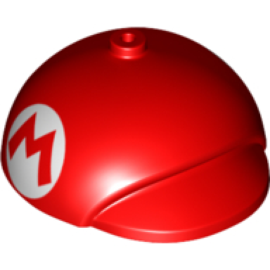 red large figure headgear super mario cap with small pin hole with capital letter m in white circle pattern on both sides propeller mario