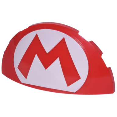 red brick round 3 x 6 x 1 dome half with super mario logo capital letter m on white oval pattern