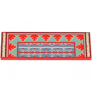 red tile 2 x 6 with sand blue and sand green half rug carpet with leaves tan lines geometric shapes and fringe pattern