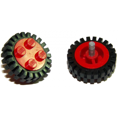 red wheel classic 4 studs and axle with black tire 24mm d x 8mm offset tread - interior ridges 7039 3483