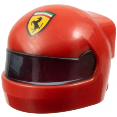 red minifigure headgear helmet formula one with molded trans-black visor and printed ferrari logo pattern