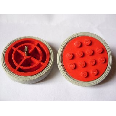 red wheel with 12 studs and axle cam for motor with light gray tire smooth - large solid 715a 36