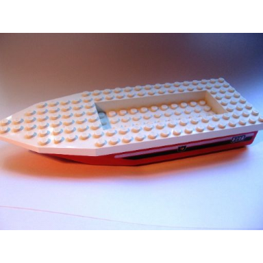 red boat hull unitary 22 x 8 x 2 1 3 with white top with number 327 and fire logo on black and white stripes pattern on both sides 71958pb01 30255