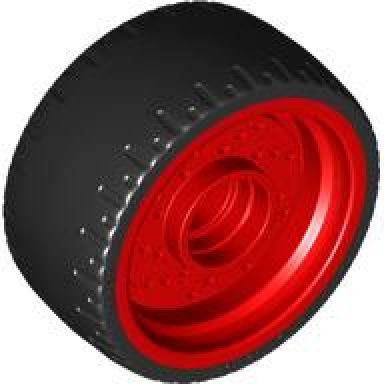 red wheel 24 x 12 with pin hole with molded black hard rubber tire pattern