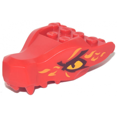 red dragon head ninjago jaw with 2 bar handles on back with bright light orange eyes and scales pattern