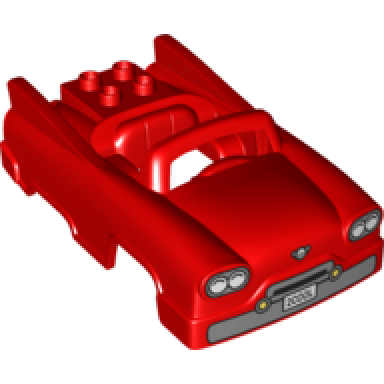 red duplo car body with windscreen frame with headlights bumper and 2cool license plate pattern