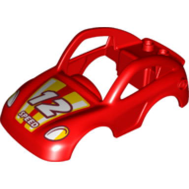 red duplo car body coupe with headlights white 12 and speed pattern