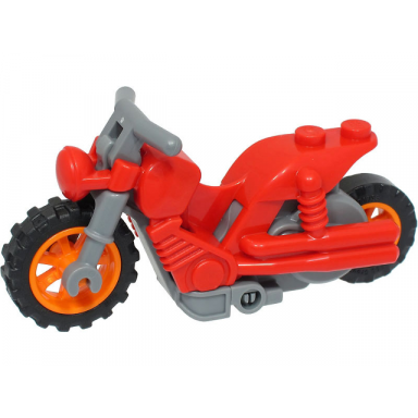 red stuntz flywheel motorcycle dual exhaust bike with dark bluish gray frame orange wheels and dark bluish gray handlebars