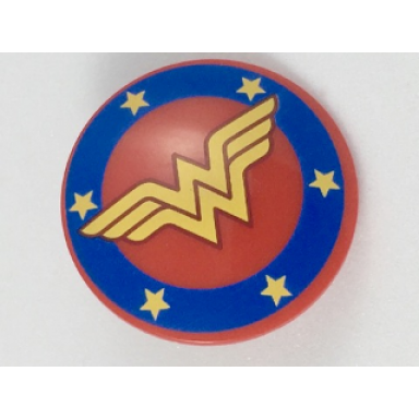 red minifigure shield circular round convex face with blue border with bright light orange stars and ww pattern