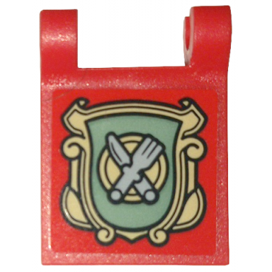 red flag 2 x 2 square with flared edge with sand green shield tan frame and dish fork and knife pattern on both sides stickers - set 10332