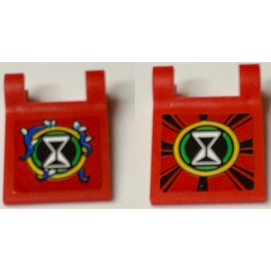 red flag 2 x 2 square with flared edge with hourglass in bright green and yellow circles blue white and medium azure vines and black stripes pattern on both sides stickers - set 71461