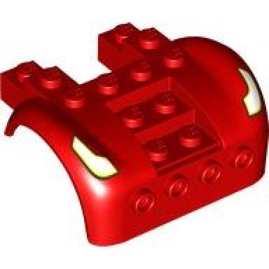 red vehicle mudguard 6 x 4 with 4 studs on front with white headlights and yellow blinkers with black outline pattern