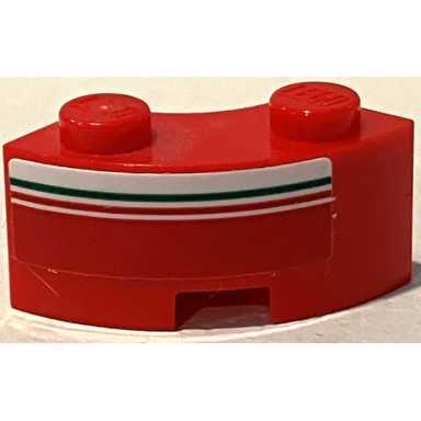 red brick round corner 2 x 2 macaroni with stud notch and reinforced underside with red and green lines on white stripe pattern model left side sticker - set 75889
