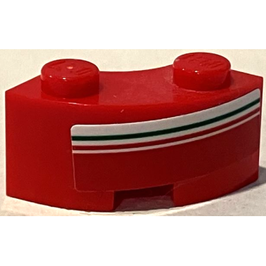 red brick round corner 2 x 2 macaroni with stud notch and reinforced underside with red and green lines on white stripe pattern model right side sticker - set 75889