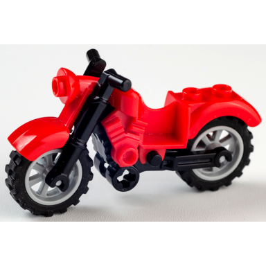 red motorcycle vintage with black chassis and light bluish gray wheels