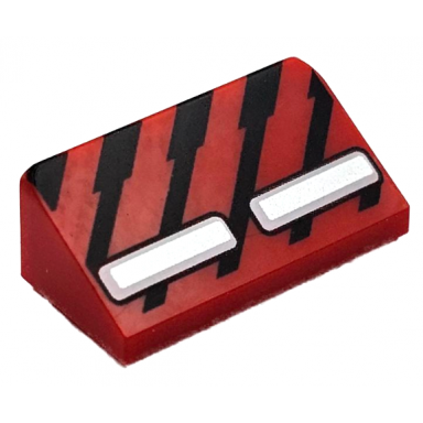 red slope 30 1 x 2 x 2 3 with black diagonal stripes and 2 silver and white rectangles pattern