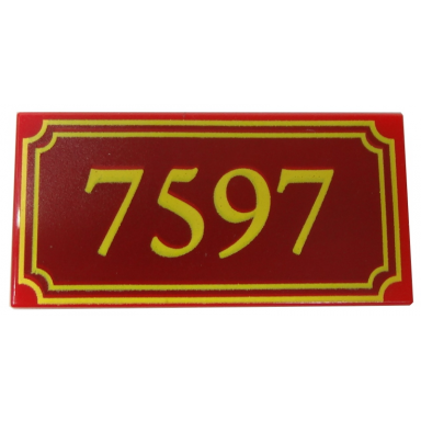 red tile 2 x 4 with yellow 7597 and fancy outline pattern