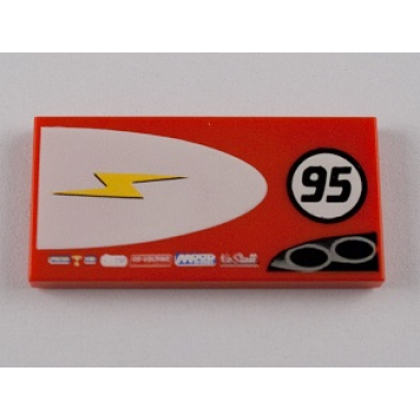 red tile 2 x 4 with lightning bolt in half ellipse and 95 pattern model left side