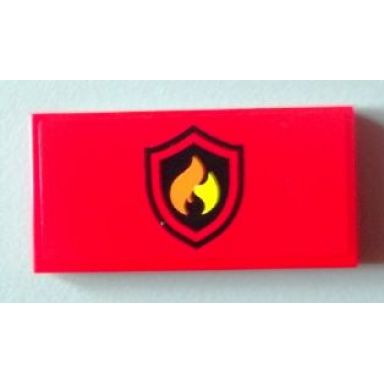 red tile 2 x 4 with black and yellow fire logo badge pattern sticker - set 60004