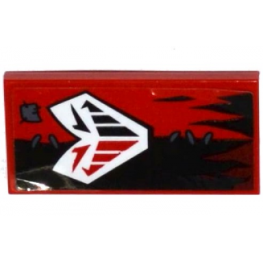 red tile 2 x 4 with white mask and dark bluish gray patch and stitches on black red halves tattered flag pattern sticker - set 70316