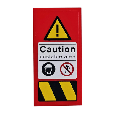 red tile 2 x 4 with triangle and exclamation mark caution unstable area warnings and danger stripes on transparent background pattern sticker - set 76037