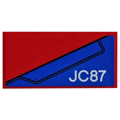 red tile 2 x 4 with blue wing panel and jc87 on red background pattern model left side sticker - set 76076