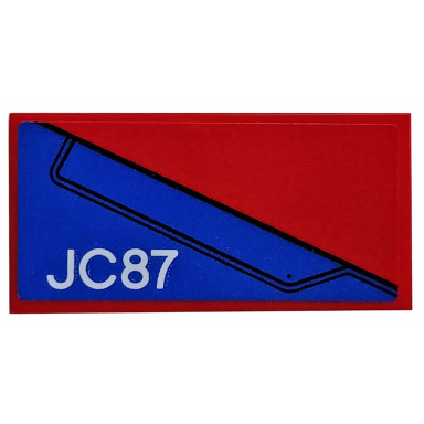 red tile 2 x 4 with blue wing panel and jc87 on red background pattern model right side sticker - set 76076