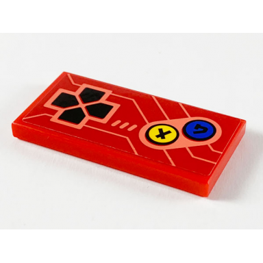 red tile 2 x 4 with arcade game controls black directional pad yellow and blue buttons and coral lines pattern sticker - set 71714