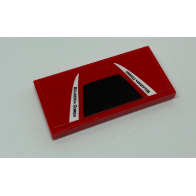 red tile 2 x 4 with black trapezoid and scuderia corsa on white triangles pattern sticker - set 75886