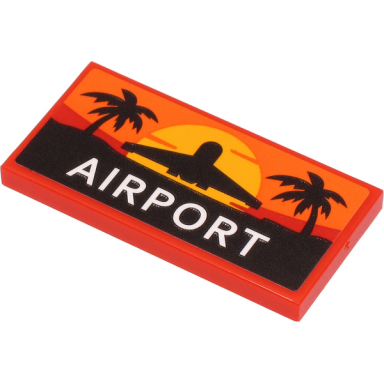 red tile 2 x 4 with white airport sunset and black airplane and palm trees pattern sticker - set 60262