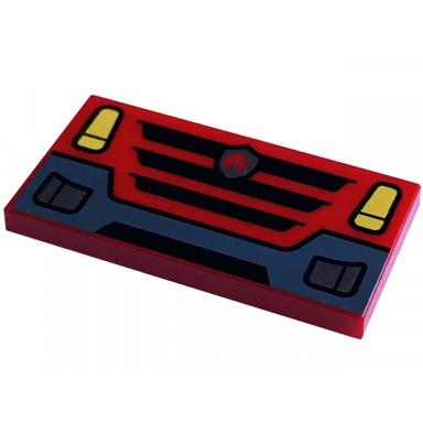 red tile 2 x 4 with yellow headlights black grille with silver fire logo badge and dark bluish gray bumper pattern