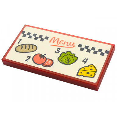 red tile 2 x 4 with coral menu black number 1 2 3 4 bread tomatoes lettuce cheese and checkered stripe pattern sticker - set 41728