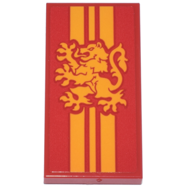 red tile 2 x 4 with bright light orange stripes and gryffindor emblem pattern sticker - set 76437