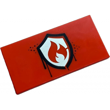 red tile 2 x 4 with lopsided silver fire logo badge with black border dripping paint pattern