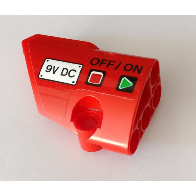 red technic panel fairing 1 small smooth short side a with 9v dc and on off switch pattern sticker - set 42082