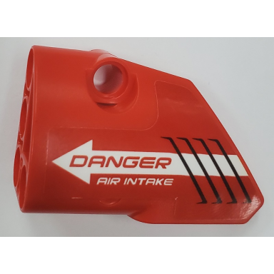 red technic panel fairing 1 small smooth short side a with danger air intake and white arrow pattern sticker - set 42076