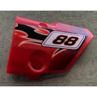 red technic panel fairing 2 small smooth short side b with black number 88 and flames pattern sticker - set 8051