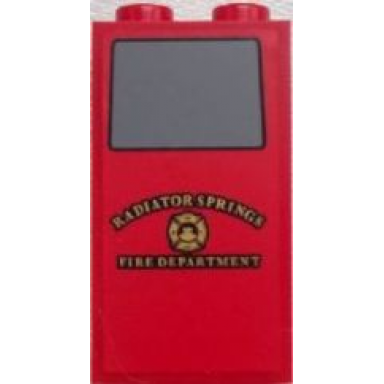red panel 1 x 2 x 3 with side supports - hollow studs with gray window and radiator springs fire department pattern sticker - set 9484