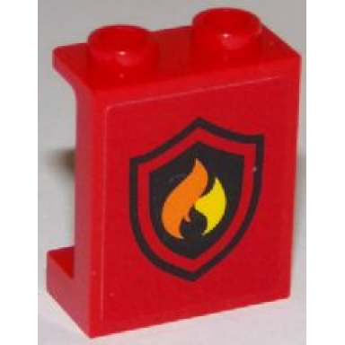 red panel 1 x 2 x 2 with side supports - hollow studs with flame on black shield fire logo pattern sticker - sets 60107 60110 60112