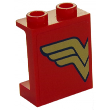 red panel 1 x 2 x 2 with side supports - hollow studs with gold wonder woman logo left half pattern sticker - set 41235