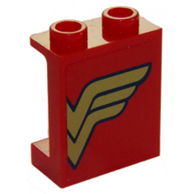 red panel 1 x 2 x 2 with side supports - hollow studs with gold wonder woman logo right half pattern sticker - set 41235