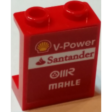 red panel 1 x 2 x 2 with side supports - hollow studs with shell logo and v-power santander oiir and mahle pattern sticker - set 75913