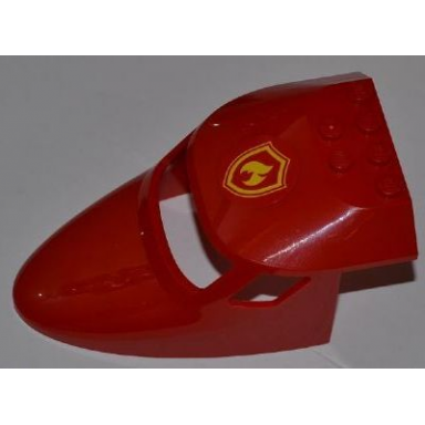 red aircraft fuselage forward top curved 6 x 10 x 4 with 3 window panes with yellow and red fire logo badge pattern sticker - set 4209