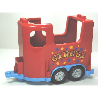 red duplo horse trailer with medium blue base and stars and circus pattern